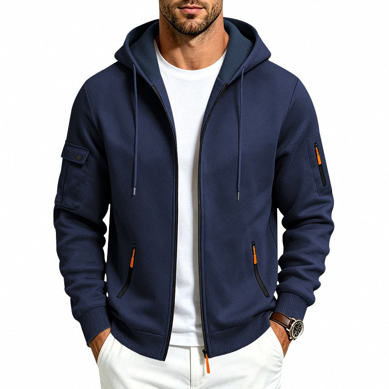 Herren Kapuzen-Reißverschlussjacke mit Ärmeltaschen, Kontrast-Zipper und Rippbündchen Drune