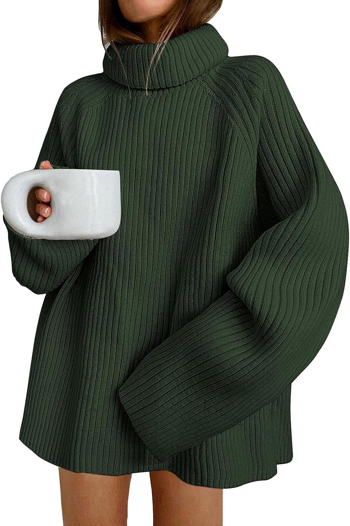 Damen Oversize Pulloverkleid aus Rippstrick mit hohem Rollkragen und voluminösen Ärmeln Drune