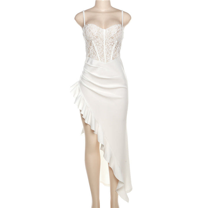Damen Brautkleid mit Spitzenoberteil und asymmetrischen Rüschen Drune