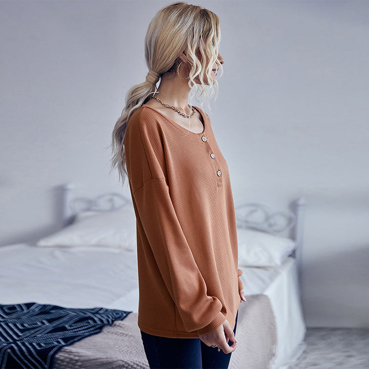 Damen Waffelstrick-Pullover mit Henley-Knopfleiste und überschnittener Schulter Drune