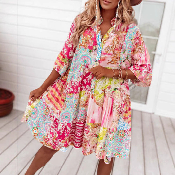 Damen nan Luftiges Stufenkleid im Patchwork-Boho-Stil mit Stehkragen, geraffter Taillennaht und Dreiviertelärmeln Drune