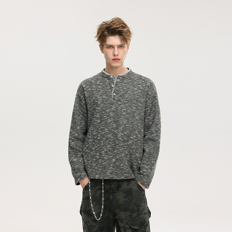 Herren Melierter Strick-Henley-Pullover mit Stehkragen, lockerer Passform und Knopfleiste Drune