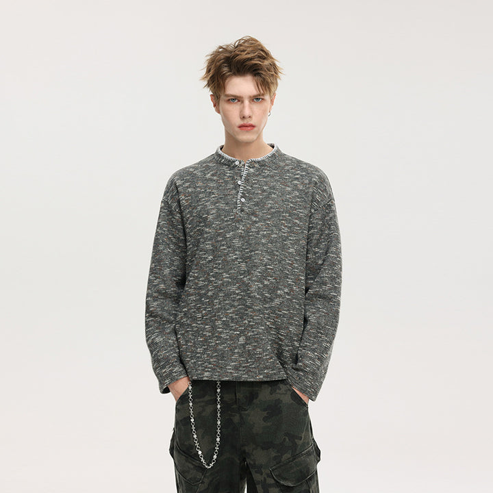 Herren Melierter Strick-Henley-Pullover mit Stehkragen, lockerer Passform und Knopfleiste Drune