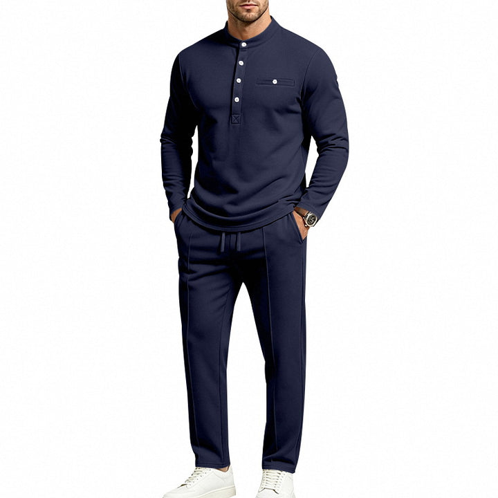 Herren Zweiteiliges Freizeitset mit Henley-Langarmshirt, Stehkragen und Komfort-Jogginghose Drune