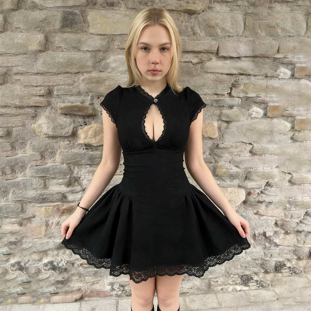 Damen verspieltes Puffärmel-Kleid mit Spitzenbesatz Drune
