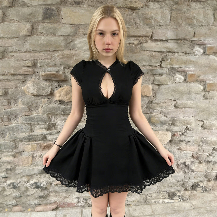 Damen verspieltes Puffärmel-Kleid mit Spitzenbesatz Drune