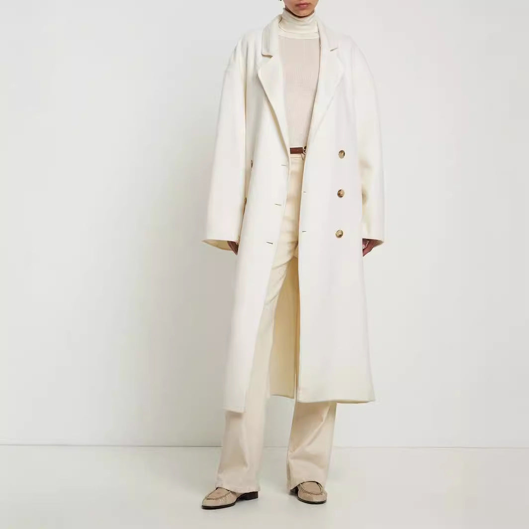 Damen Oversize Zweireihiger Longcoat mit fallender Schultersilhouette und goldenen Zierknöpfen Drune