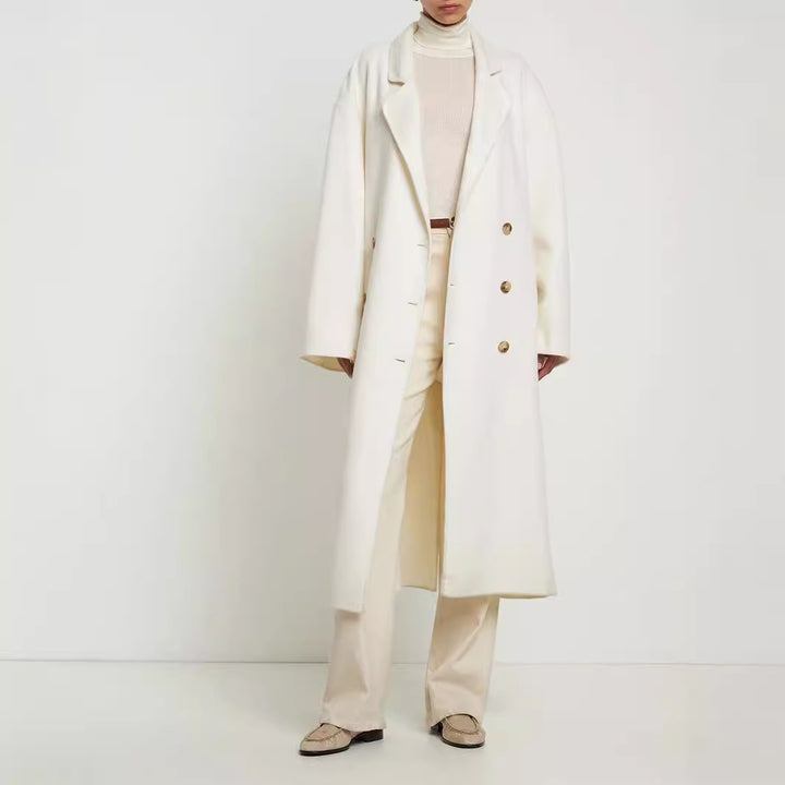 Damen Oversize Zweireihiger Longcoat mit fallender Schultersilhouette und goldenen Zierknöpfen Drune