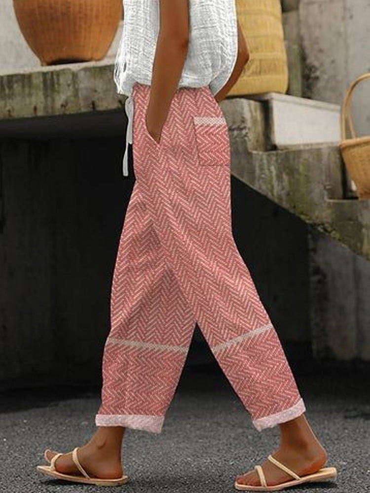 Damen Weite Leinenhose mit handgewebtem Muster Drune