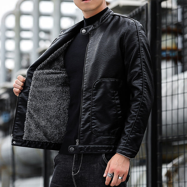 Herren Slim-Fit Kunstlederjacke im Bikerblouson-Stil mit Stehkragen und aufgesetzten Rundtaschen Drune