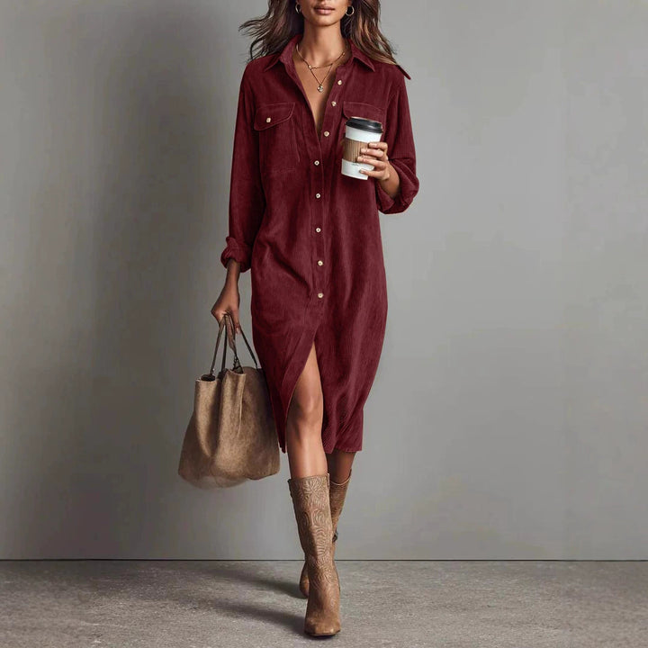 Damen Hemdblusenkleid aus Cord mit Brusttaschen, Knopfleiste und Schlitze Drune