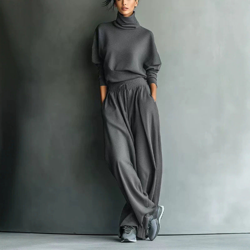 Damen Strick-Loungewear-Set mit Rollkragen und weiten Palazzo-Hosen Drune