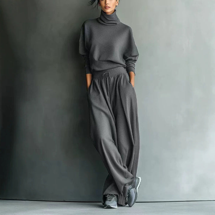 Damen Strick-Loungewear-Set mit Rollkragen und weiten Palazzo-Hosen Drune