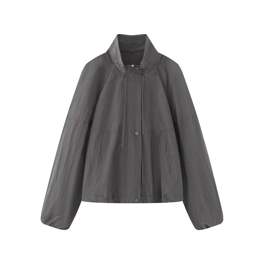 Damen Leichte Oversize-Blousonjacke aus Nylon mit Stehkragen, Kordelzug und Druckknopfverschluss Drune