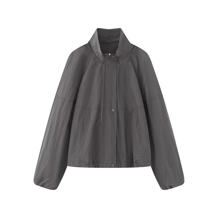 Damen Leichte Oversize-Blousonjacke aus Nylon mit Stehkragen, Kordelzug und Druckknopfverschluss Drune