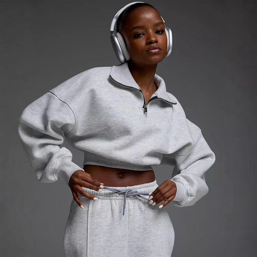 Damen nan kurzes Half-Zip Sweatshirt-Set mit hochtaillierter weiter Lounge-Jogginghose Drune