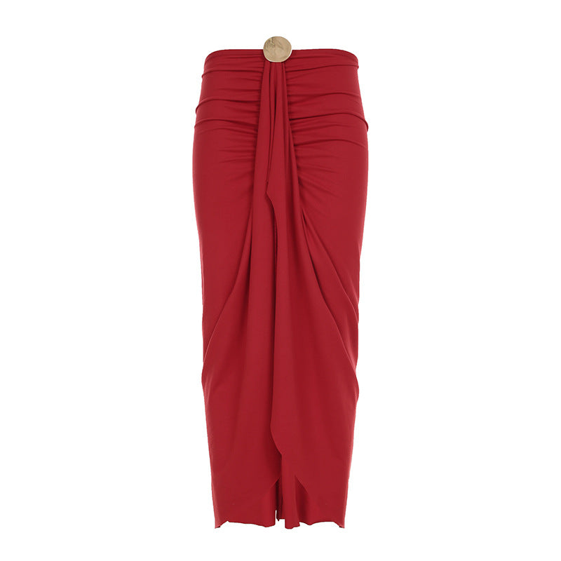 Damen eleganter Wickelrock mit glanzvollem Knopfdetail Drune