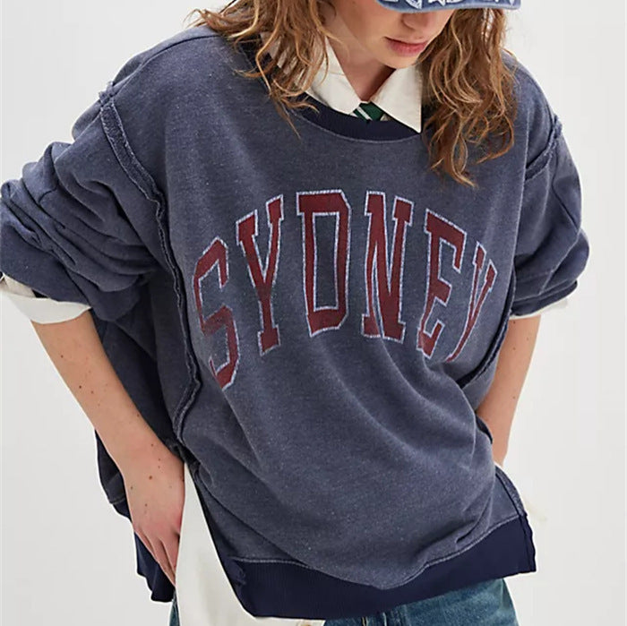 Damen oversized Sweatshirt mit Rüben-Print, ausgefransten Nahtakzenten und Daumenlochärmeln Drune