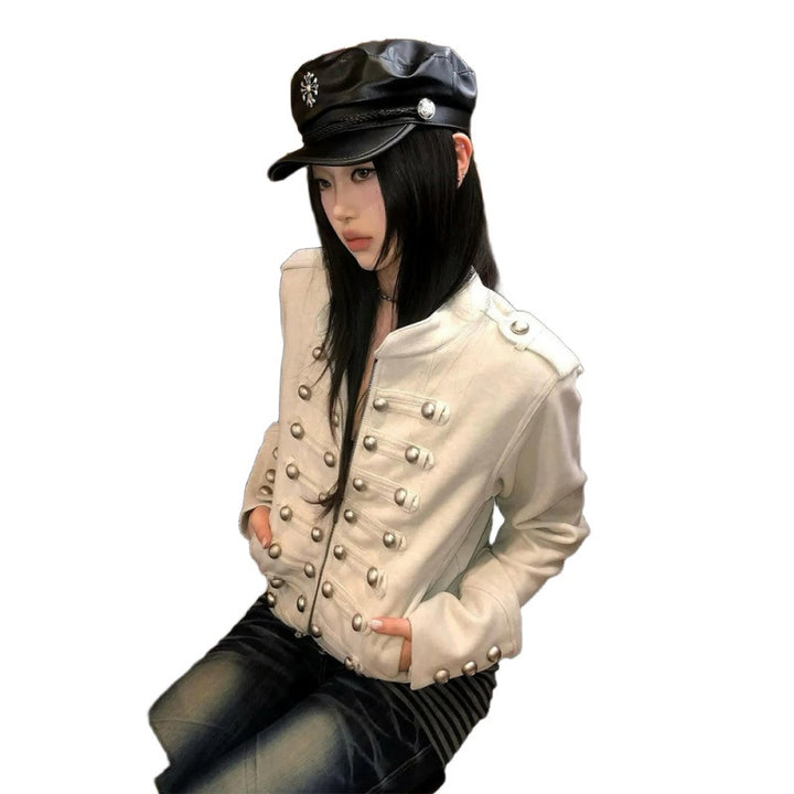 Damen Kurze Militärinspirierte Jacke mit doppelter Zierknopfleiste und Manschetten Drune