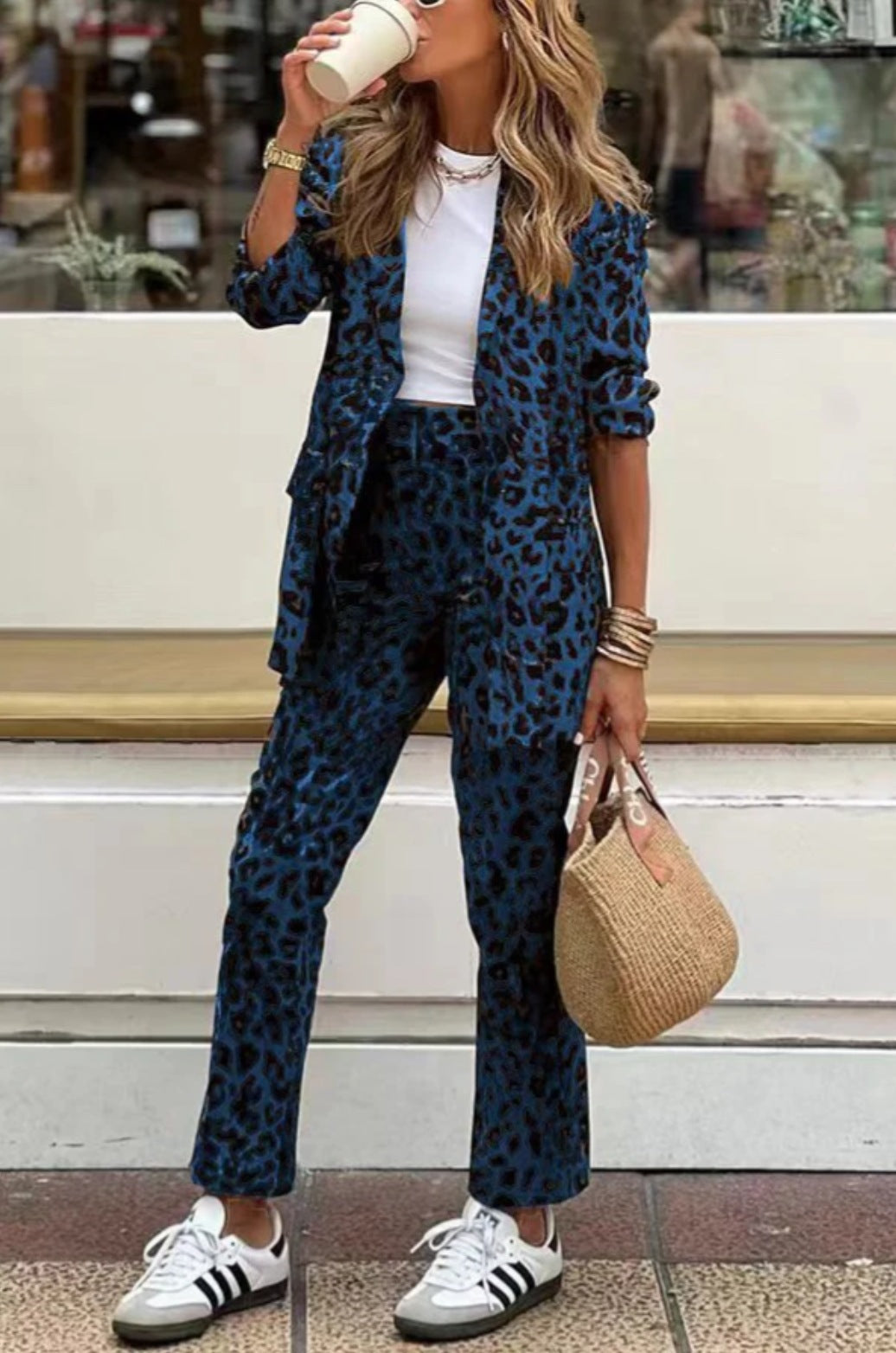 Damen elegantes Leinenanzug-Set im Leopardenmuster mit tailliertem Blazer und geraden Hose Drune