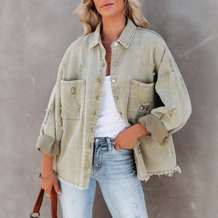 Damen Lässige Oversized Jeansjacke mit fransigen Abschlüssen und dekorativen Knöpfen Drune