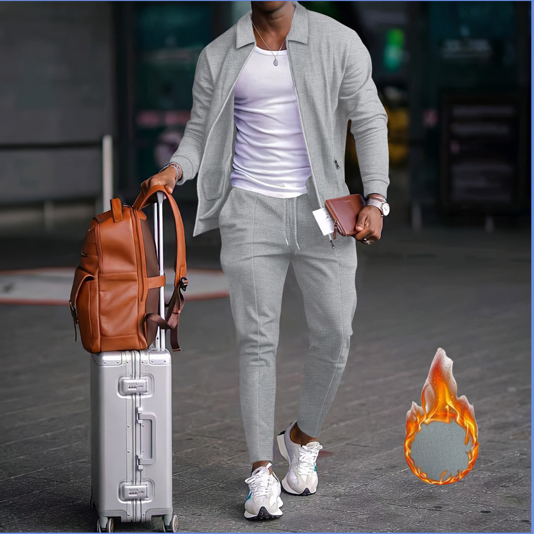 Herren nan zweiteiliges Reise-Loungewear-Set mit strukturierter Jacke, Reißverschluss und konischer Jogginghose Drune