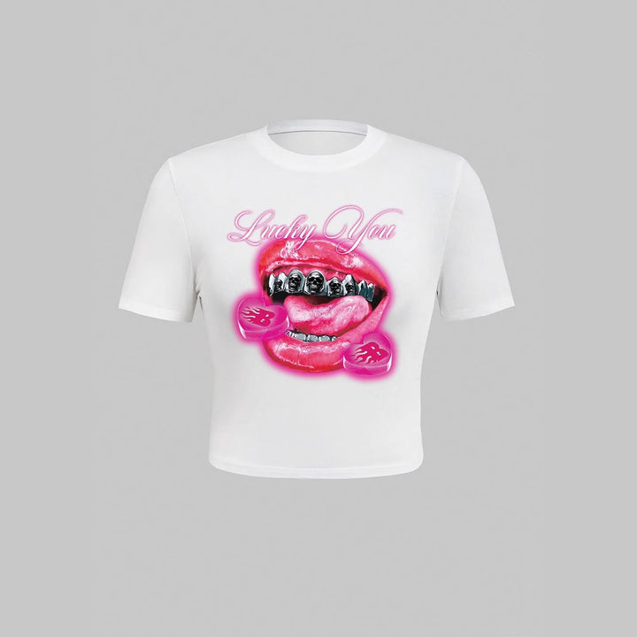 Damen T-Shirt mit kreativem Lippenmotiv und auffälligem Grafikdruck Drune