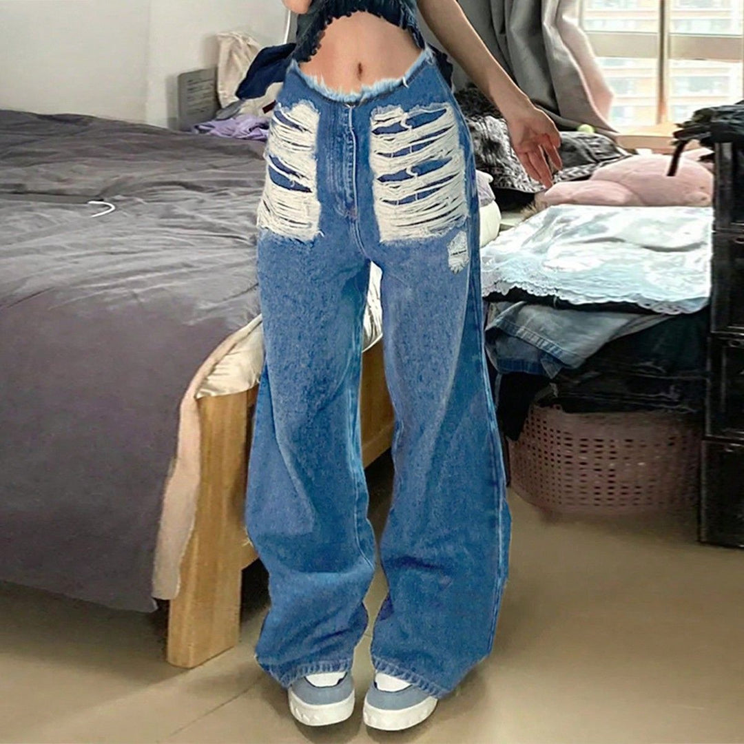 Damen Baggy-Jeans mit stark zerstörten Frontbahnen und hoher Taille Drune
