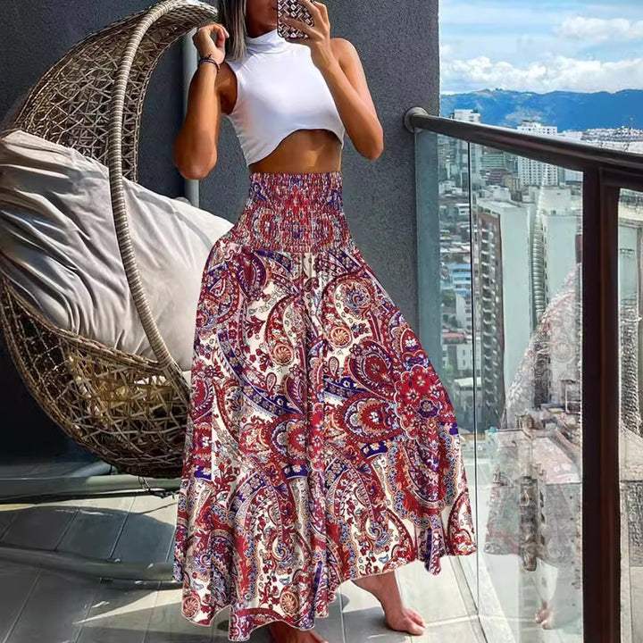 Damen Maxirock mit hohem Smokbund, weitem Fall und Paisley‑Print Drune