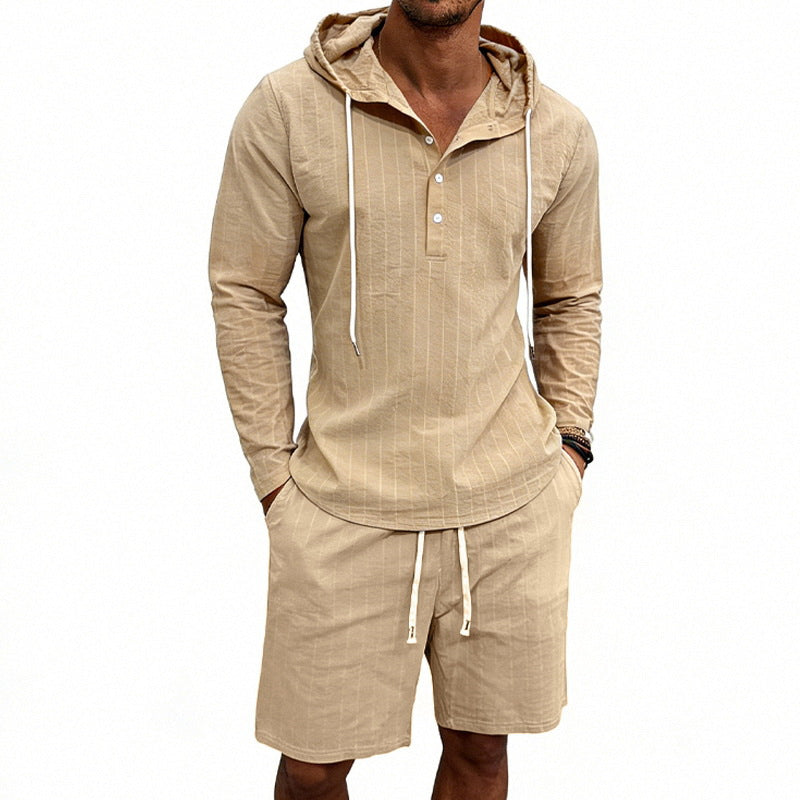 Herren nan gestreiftes Leinenoptik-Kapuzen-Henley-Set mit Tunnelzug-Shorts Drune