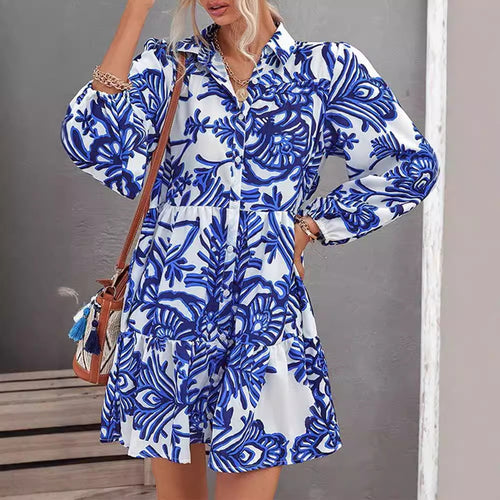 Damen Hemdblusenkleid mit floralem Muster und leichtem, luftigen Stoff Drune