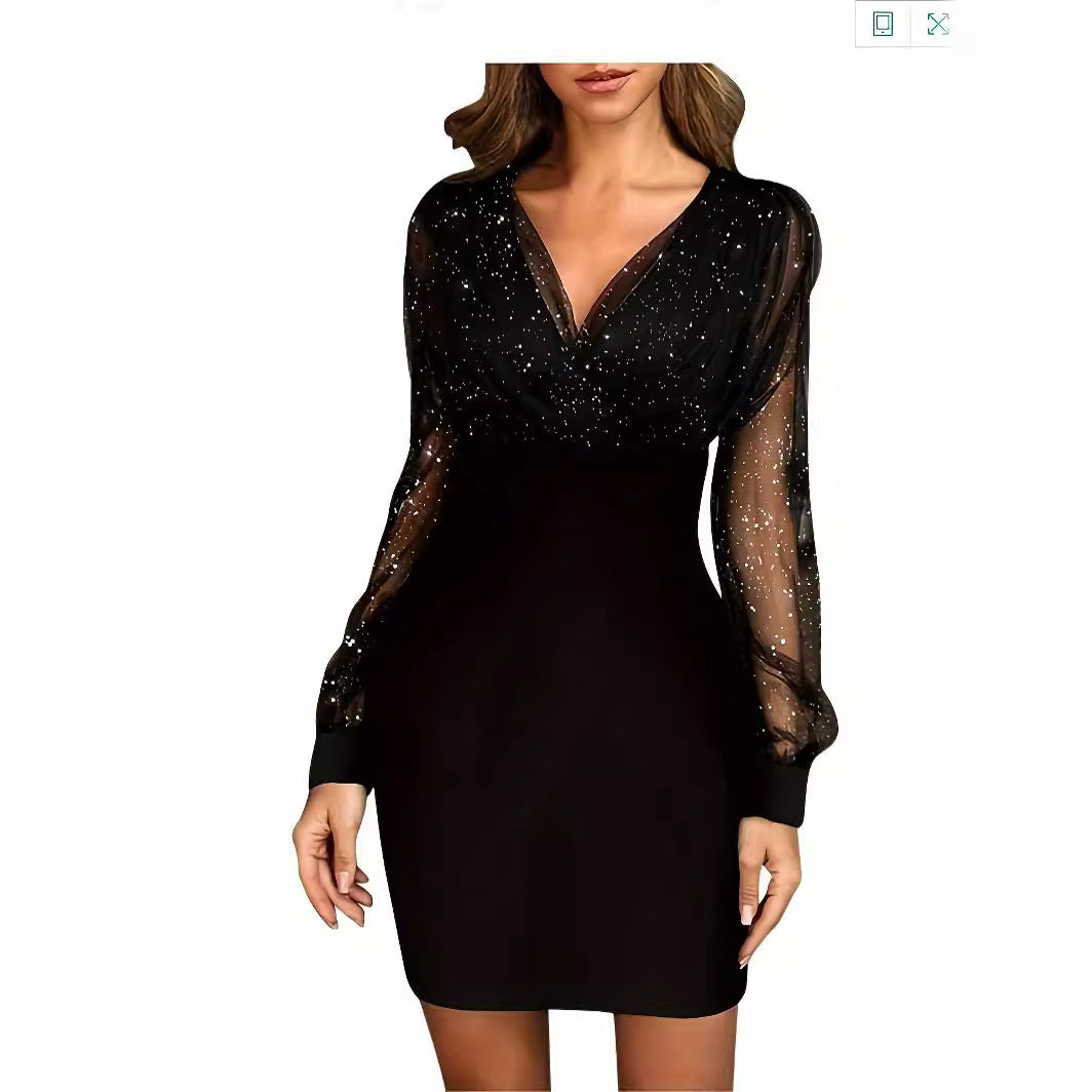 Damen Glitzerndes Cocktailkleid mit transparenten Ärmeln Drune