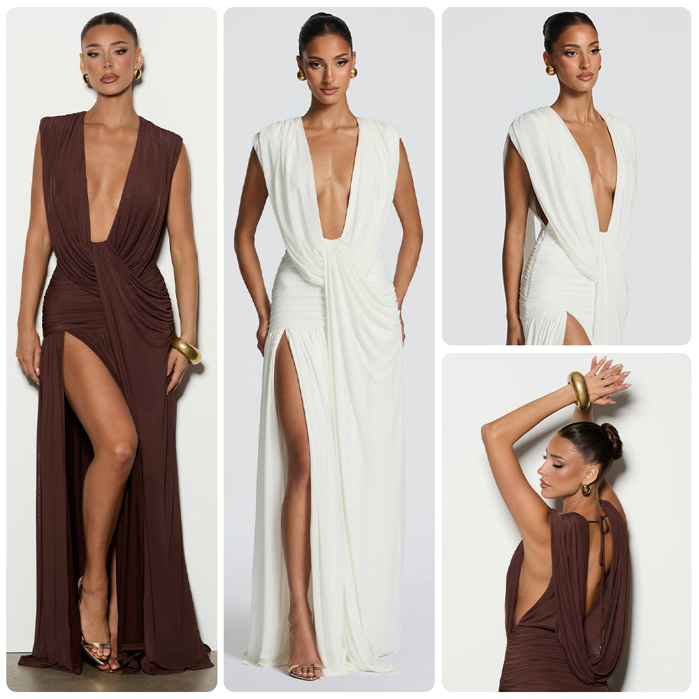 Damen Elegantes Wickelkleid mit tiefem V-Ausschnitt und gerafftem Rock Drune