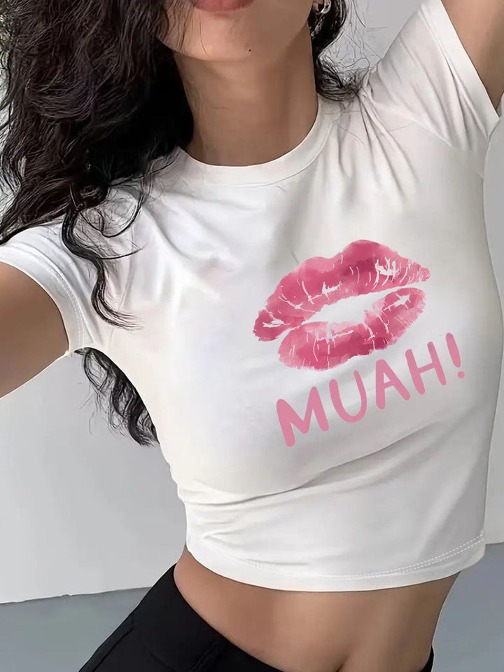 Damen Kurzarm T-Shirt mit aufgedrucktem Lippenmotiv Drune