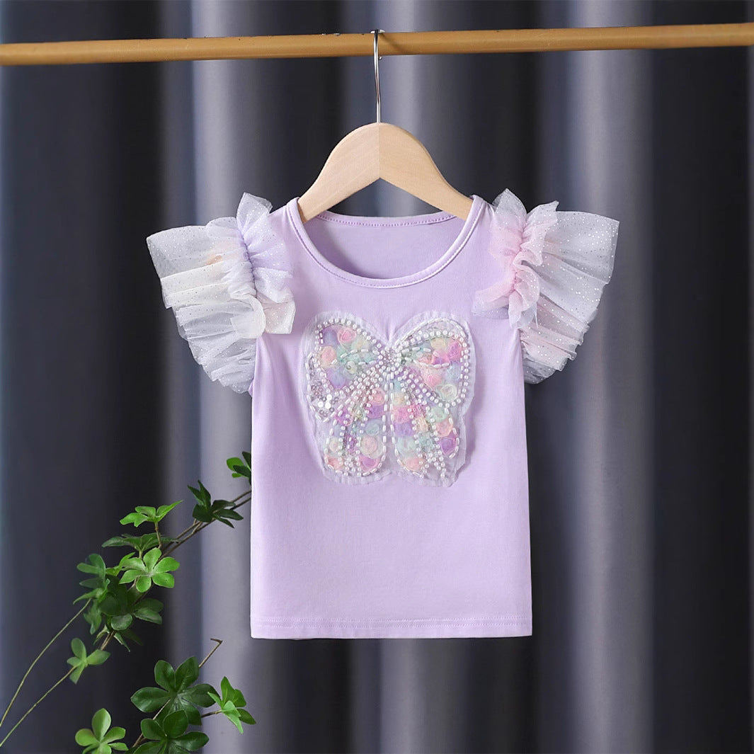 Mädchen T-Shirt mit funkelndem Schmetterlingsmotiv und Rüschendetails Drune