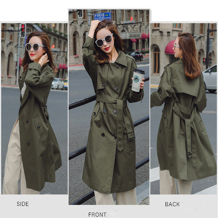 Damen Midilanger Trenchcoat mit taillierendem Bindegürtel und verstellbaren Manschetten Drune