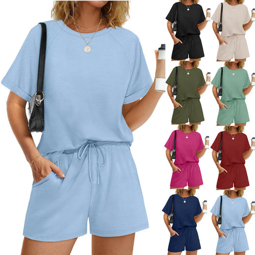 Damen lässiger Kombi aus T-Shirt und Shorts mit elastischem Bund Drune