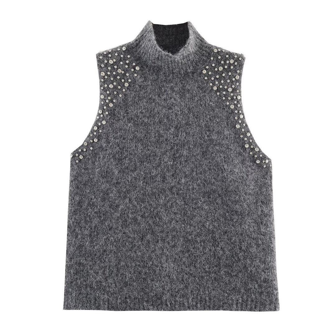 Damen ärmelloses Strickoberteil mit eleganten Perlenverzierungen Drune