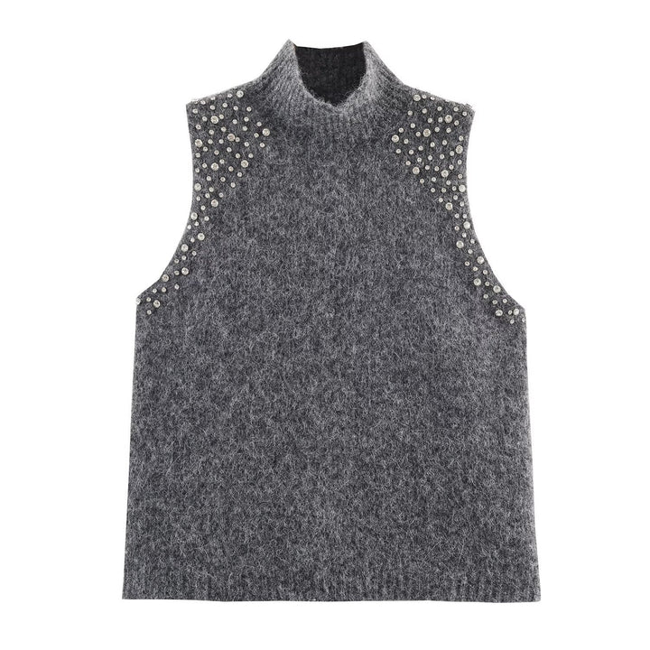 Damen ärmelloses Strickoberteil mit eleganten Perlenverzierungen Drune
