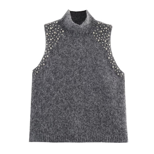 Damen ärmelloses Strickoberteil mit eleganten Perlenverzierungen Drune