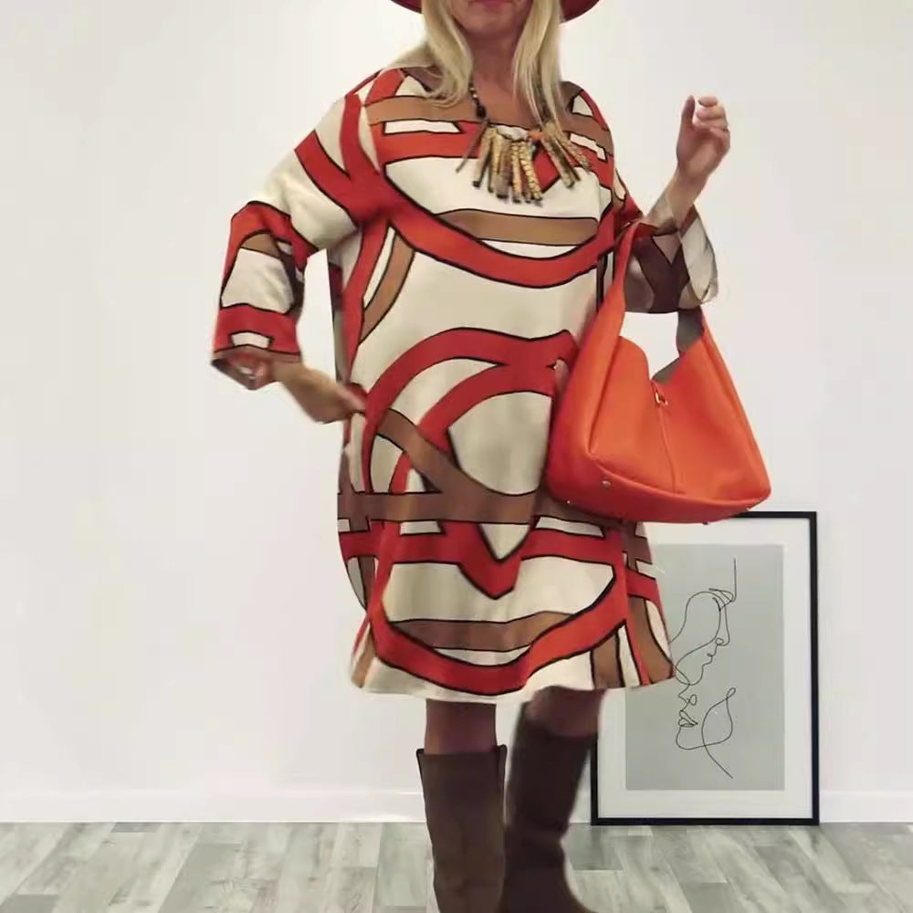 Damen nan großzügiges Swingkleid mit weitem Tulpen-Saum, Fledermausärmeln und grafischem Allovermuster Drune