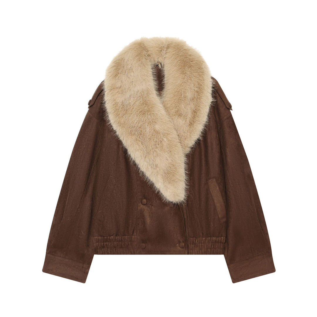 Damen Cropped Veloursjacke mit voluminösem Kunstfell‑Schalkragen Drune