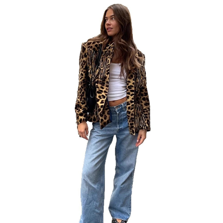 Damen Kurzer Kunstfell-Blouson mit Leopardenprint und Fransen Drune