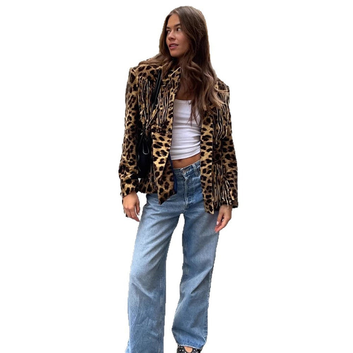 Damen Leoparden-Wildlederjacke mit Fransen und modischem Schnitt Drune