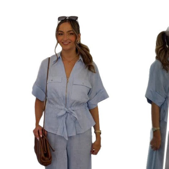 Damen Kurzarm-Bluse mit Reißverschluss, Brusttaschen & Tunnelzug-Taille Drune