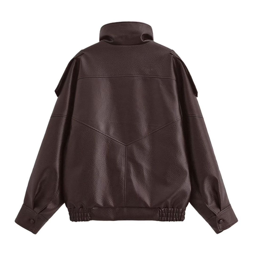 Damen nan Oversize Kunstleder-Bomberjacke mit hohem Stehkragen, Druckknopfblende und smockbündchen Drune