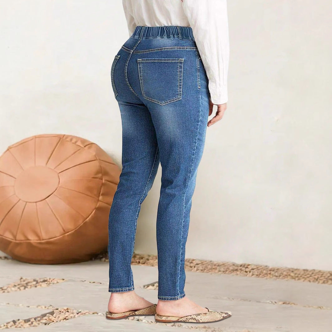 Damen hochgeschnittene Stretch-Jeggings mit elastischem Komfortbund und Gesäßtaschen Drune