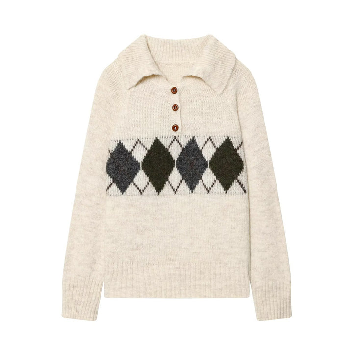 Damen Grobgestrickter Pullover mit Polokragen, 3‑Knopf‑Leiste und Argyle‑Dekor Drune