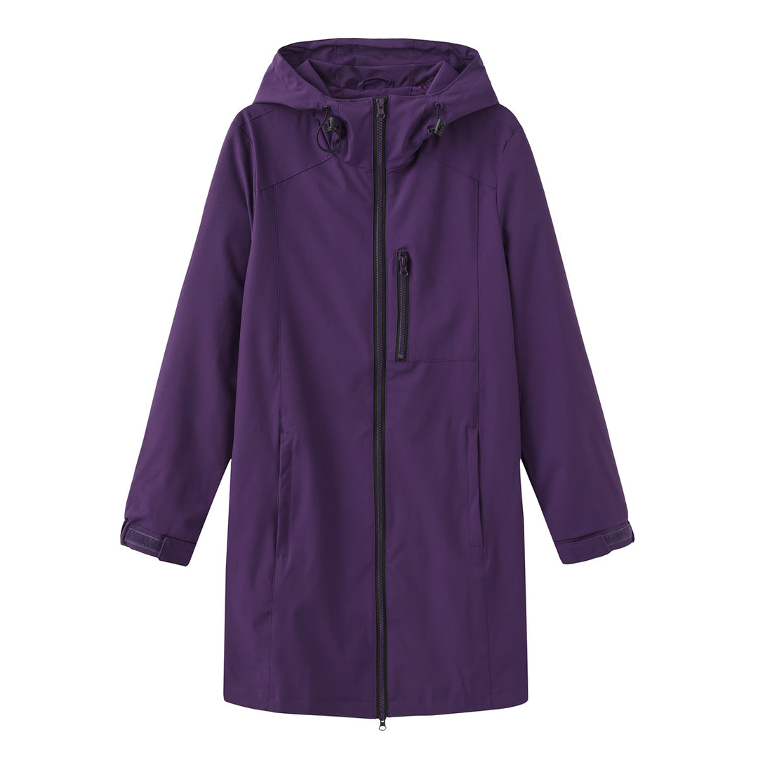 Damen nan lange schlanke Funktionsregenjacke mit durchgehendem Reißverschluss Brustreißverschlusstasche und Klettmanschetten Drune