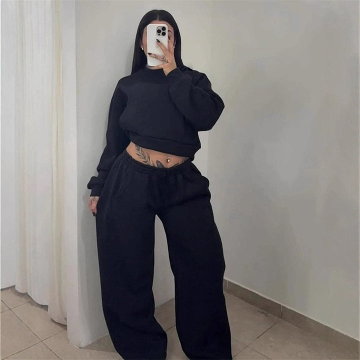 Damen Cropped-Sweatshirt mit hohem Rundhalsausschnitt und elastischer Tunnelzug Wide-Leg Jogginghose Set Drune